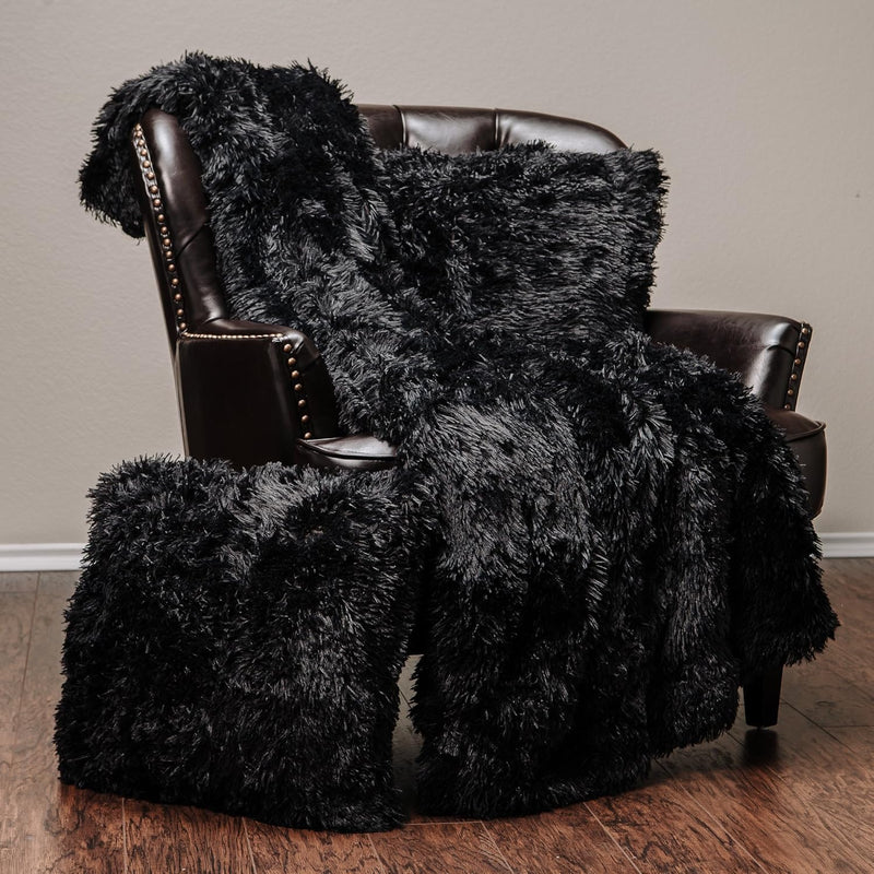 Premium Throw Blanket & Pillow Cover - Long Faux Fur Fuzzy Sherpa Throw (50" X 65”) & 2 Pillow Covers (18" X 18”) - 3-Piece Set, Black