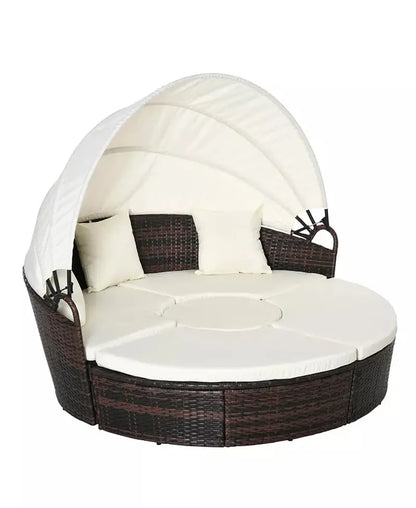 Rat Daybed Patio Furniture Set W/ Adjustable Canopy,