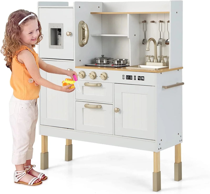Kid Kitchen Playset, Toddler Wooden Pretend Cooking Set with Realistic Light & Sound, Stove, Sink, Microwave, Storage Cabinet,Pretend Play Kitchen Toy Set for Children Boys Girls
