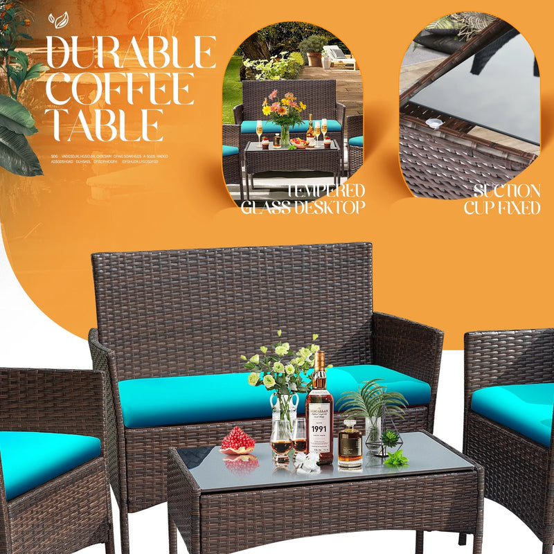 4 Piece Outdoor Patio Furniture PE Rattan Wicker Table and Chairs Set with Cushions, Blue