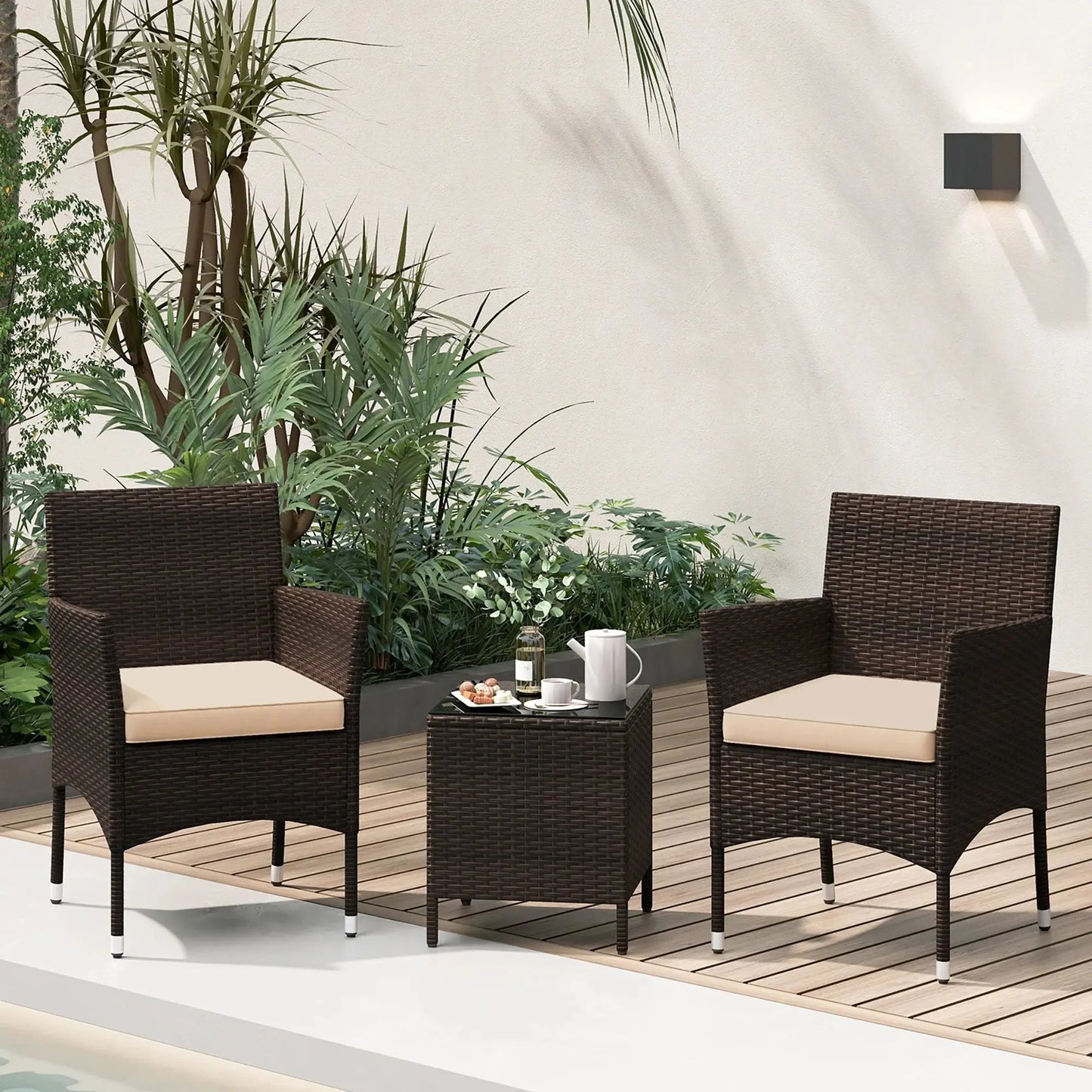 Stylish 3-Piece Outdoor Conversation Set with Cushioned Seats & Durable Tempered Glass Tabletop