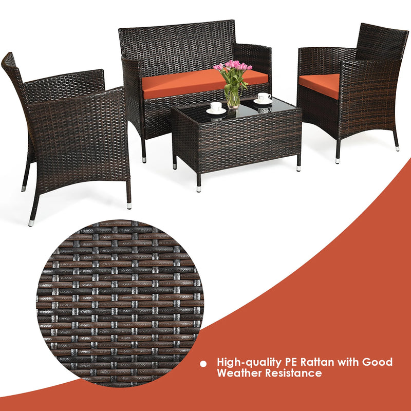 4PCS Patio Rattan Conversation Furniture Set Outdoor W/ Orange Cushion