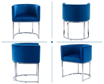 Modern Velvet Dining Chair, Mid-Century Upholstered Barrel Kitchen Chairs Fabric Side Chair with Metal Legs and Curved Back for Living Room Dining Room Bedroom, Blue