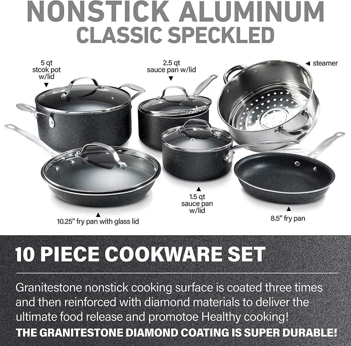 10-Piece Nonstick Cookware Set in Black - Includes Frying Skillet, Sauce Pan, and Stock Pot