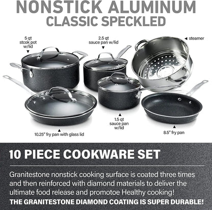 10-Piece Nonstick Cookware Set in Black - Includes Frying Skillet, Sauce Pan, and Stock Pot