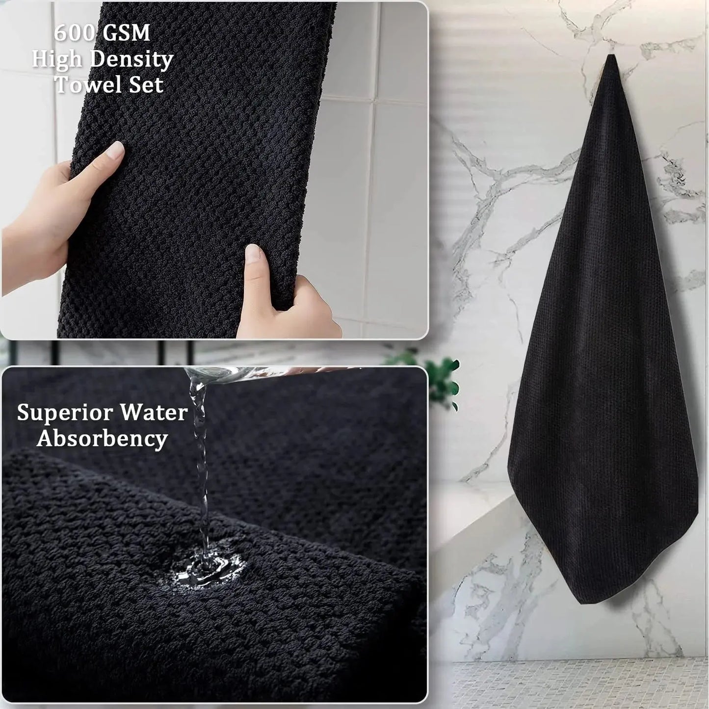 8 Piece Towel Set Oversized Soft Cozy Towels 600 GSM Black Plush Towel Set