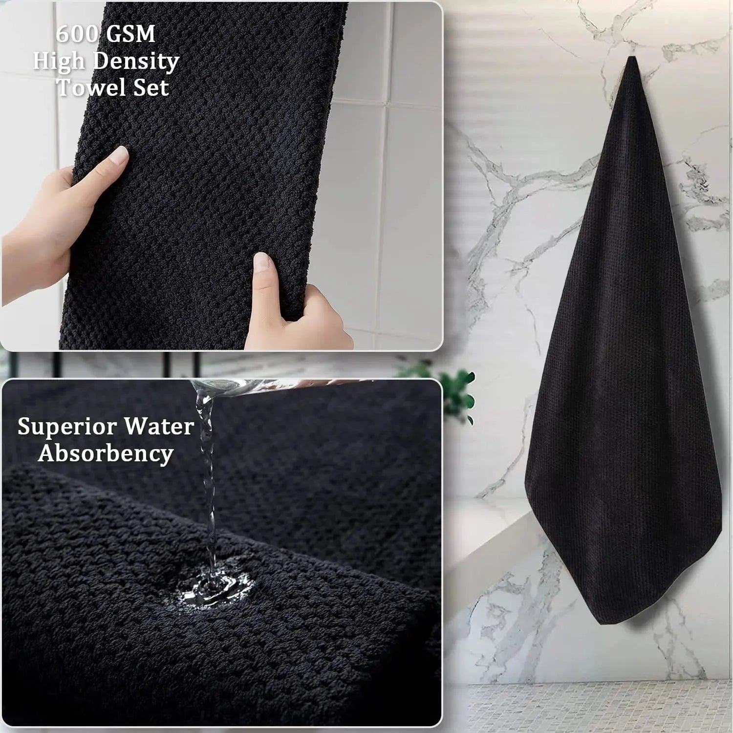 8 Piece Towel Set Oversized Soft Cozy Towels 600 GSM Black Plush Towel Set