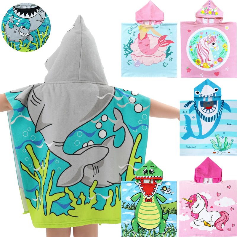 Shark Kids Hooded Beach Towel Pool Bath Towel Soft Absorbent Poncho, 24" X 24", Grey