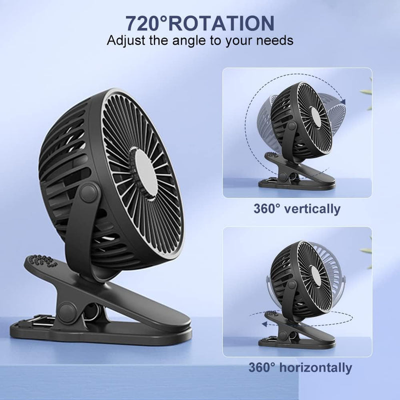 6-Inch Portable Clip-On Fan, Battery-Powered USB Desk Fan with 3 Speed Settings, Adjustable Clamp, 360° Rotation for Office, Home, Dormitory, and Stroller (Black)