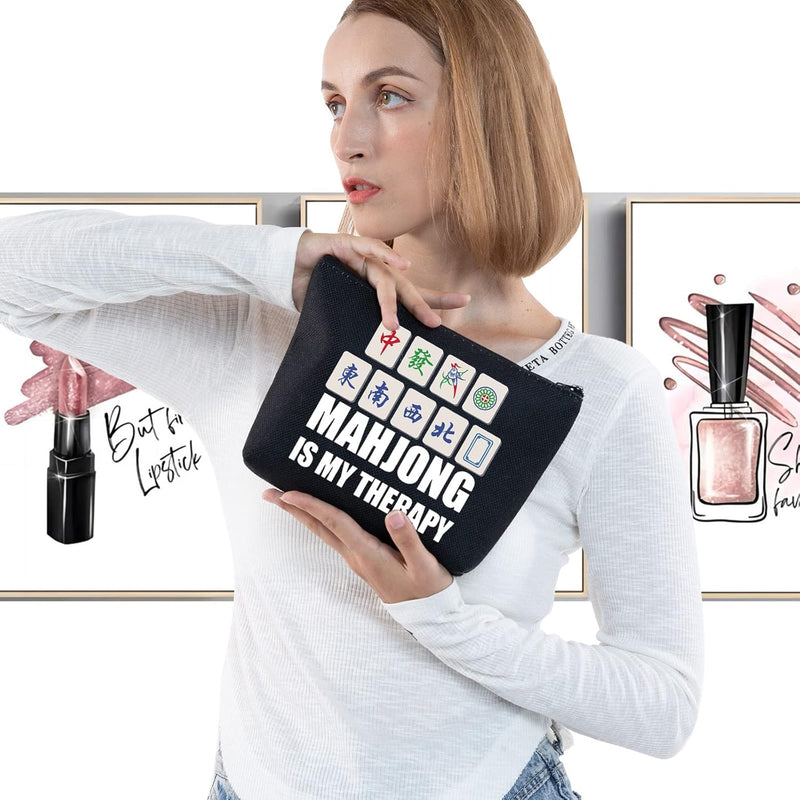 Funny Mahjong Cosmetic Make up Bag Mahjong Lover Gift Mahjong Is My Therapy Makeup Zipper Pouch Bag for Friend Family (Mahjong Black)
