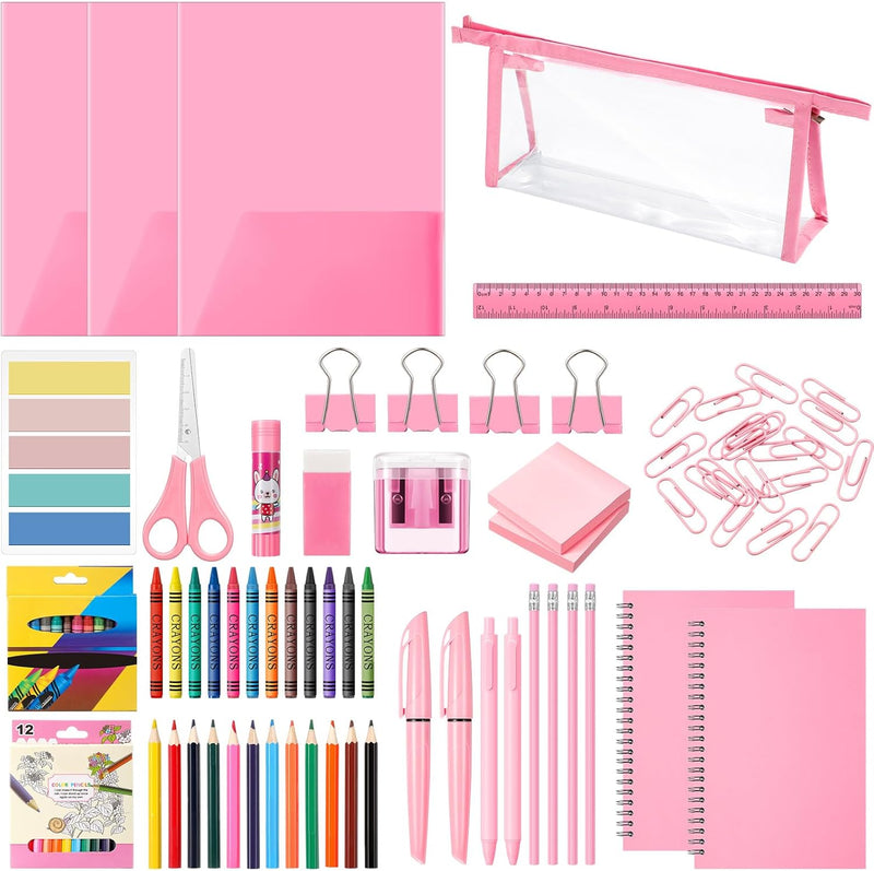 48 Pcs Back to School Gifts for Students School Stationary Set Essentials Bundle Include Folders Notebooks Rulers Scissors Pencils Pens and Much More(Pink)