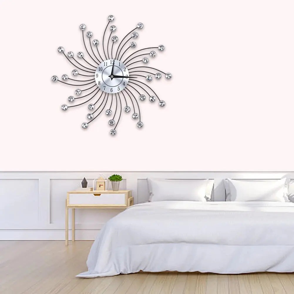 Wall Clock for Living Room Office, Decorative Clock,Sparkling Bling Metallic Silver Flower-Shaped Wall Clock for Living Room Office