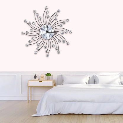 Wall Clock for Living Room Office, Decorative Clock,Sparkling Bling Metallic Silver Flower-Shaped Wall Clock for Living Room Office