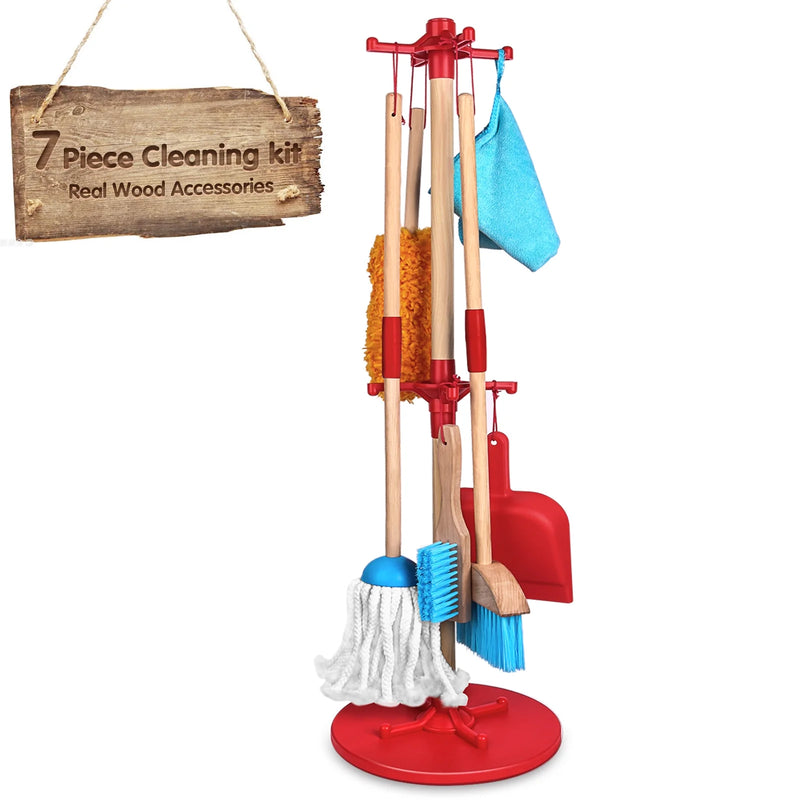 7 Piece Kids Cleaning Set, Wooden Detachable Cleaning Toys Includes Broom Dustpan Mop Brush Duster Rag and Hanging Stand, Pretend Play Housekeeping Tools Gift for Girls Boys, Blue