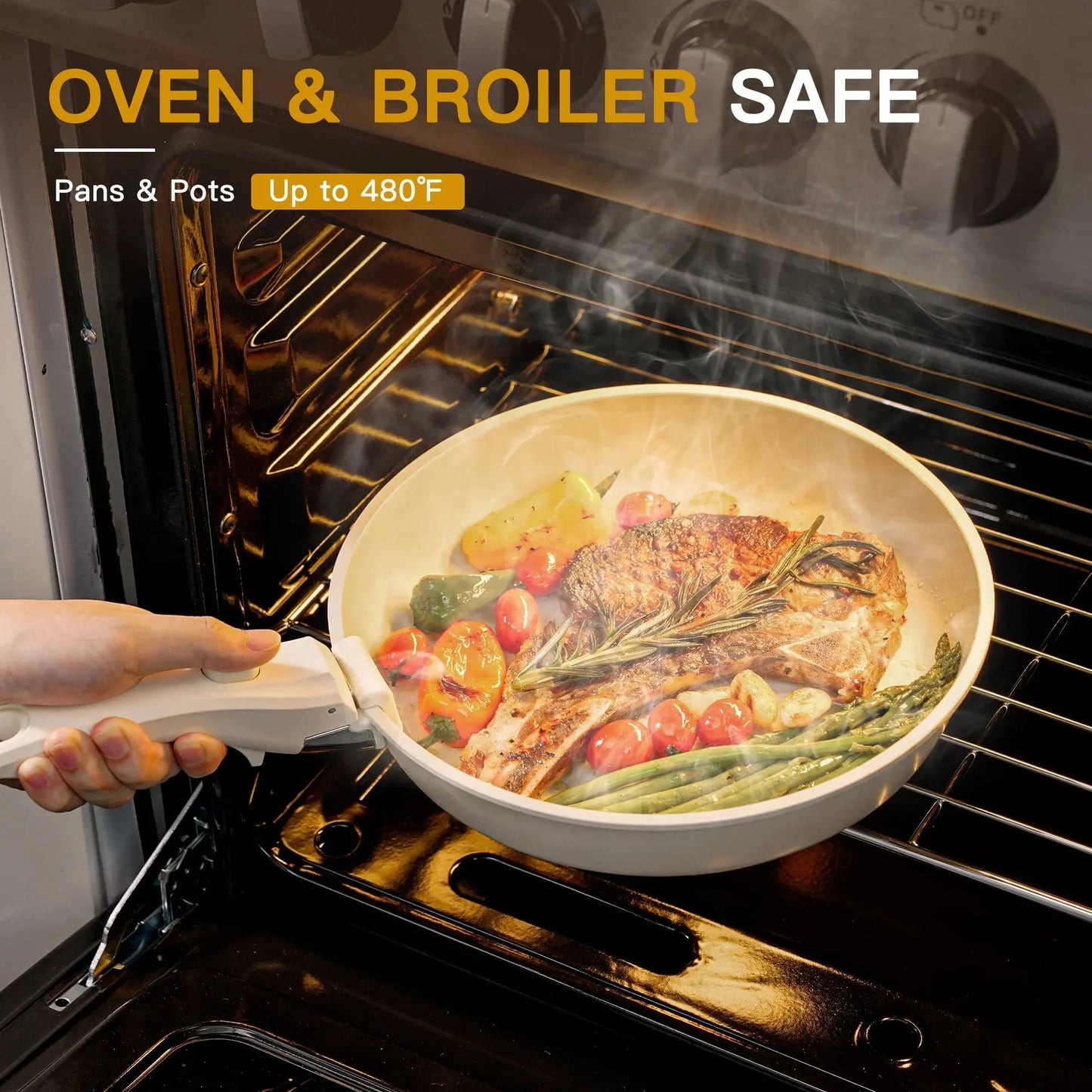 20-Piece Non-Stick Ceramic Cookware Set with Detachable Handles, Oven Safe and Induction Compatible, Stackable RV Kitchen Set in Cream White