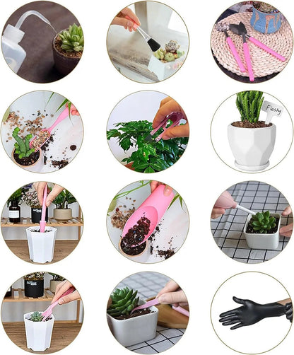 25Pcs Mini Garden Hand Transplanting Succulent Tools Set, 39.4" Thickened Repotting Mat & Plant Tag, Miniature Planting Indoor Fairy Care, Potting, Cactus, Houseplant Bonsai Tool Kit (Pink)