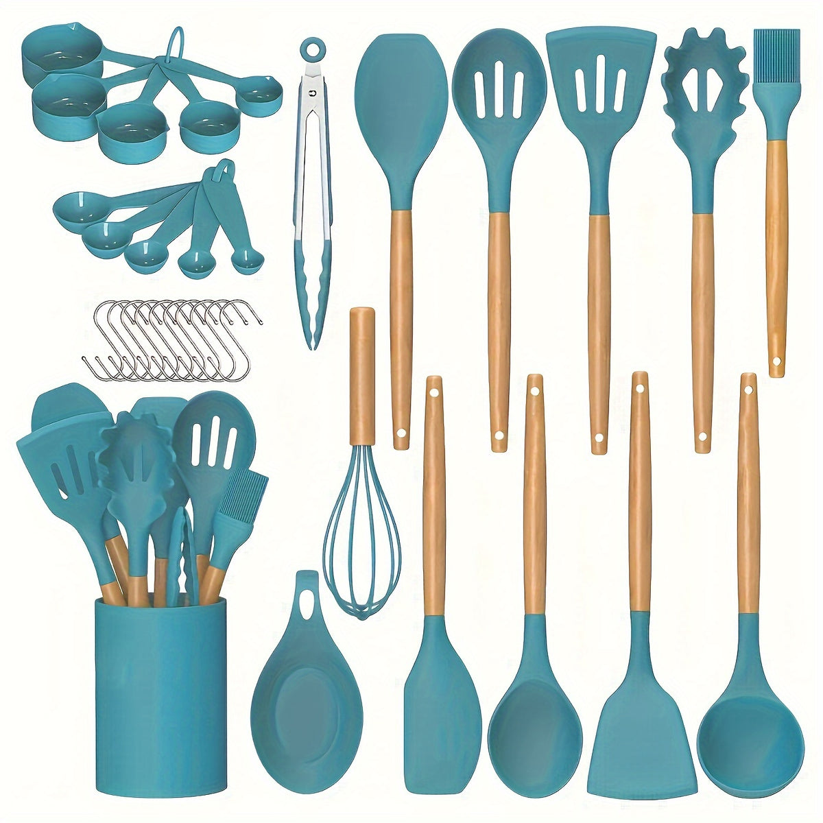34pcs Silicone Kitchen Utensils Set with Wooden Handle