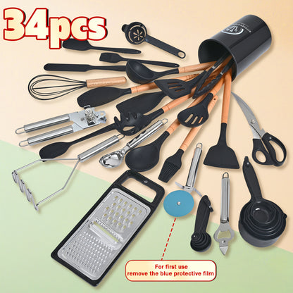 34pcs Silicone Kitchen Utensils Set with Wooden Handle