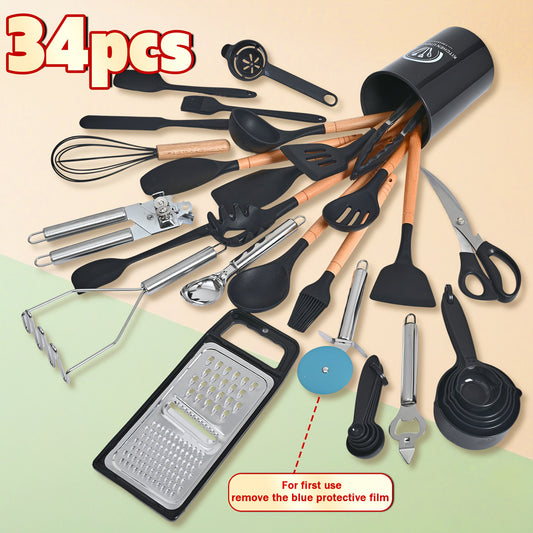 34pcs Silicone Kitchen Utensils Set with Wooden Handle