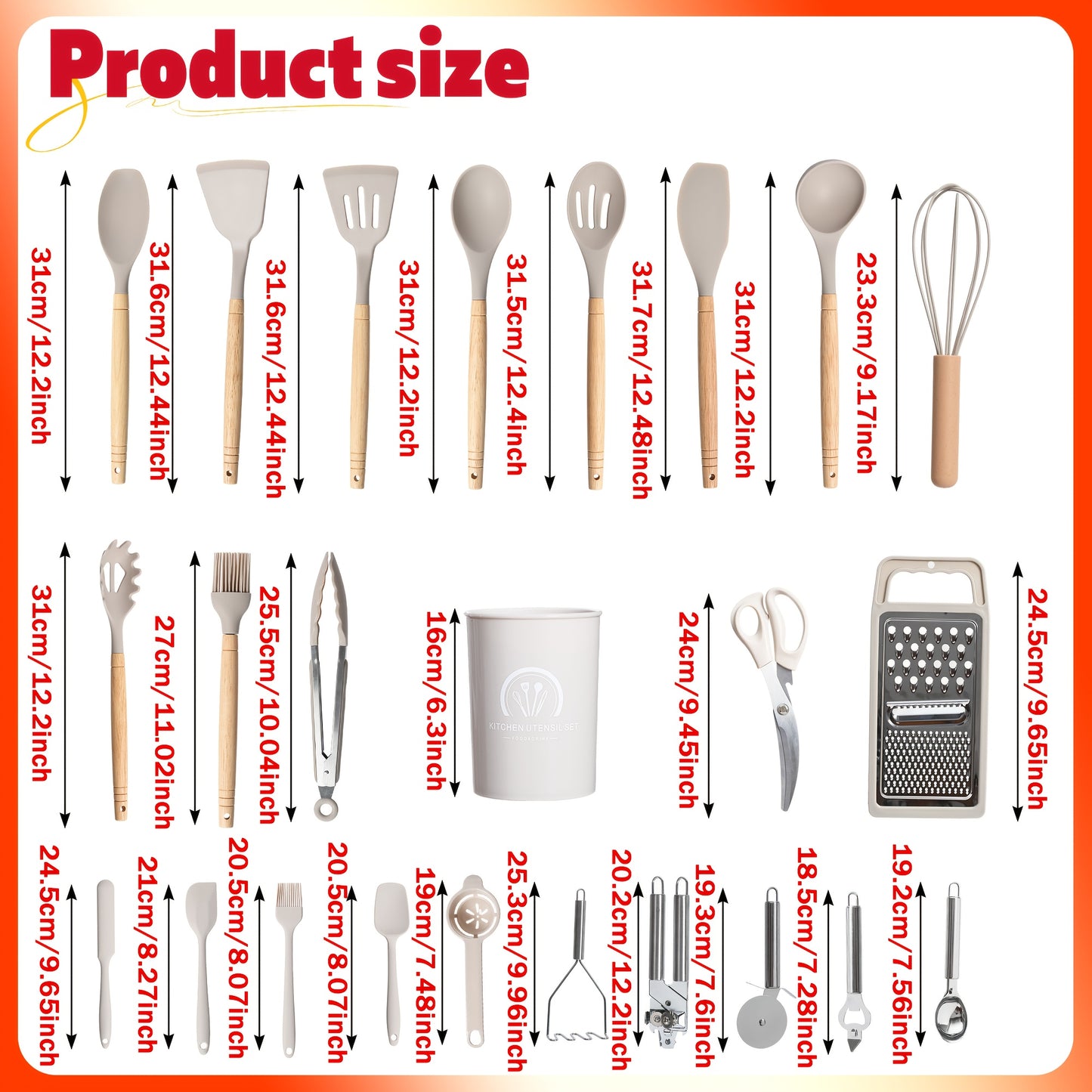 34pcs Silicone Kitchen Utensils Set with Wooden Handle