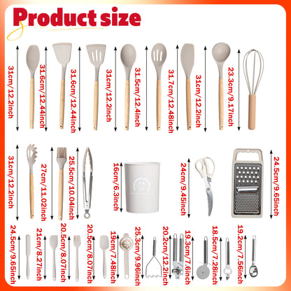 34pcs Silicone Kitchen Utensils Set with Wooden Handle