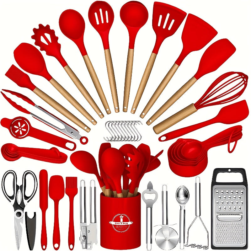 34pcs Silicone Kitchen Utensils Set with Wooden Handle