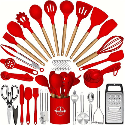 34pcs Silicone Kitchen Utensils Set with Wooden Handle