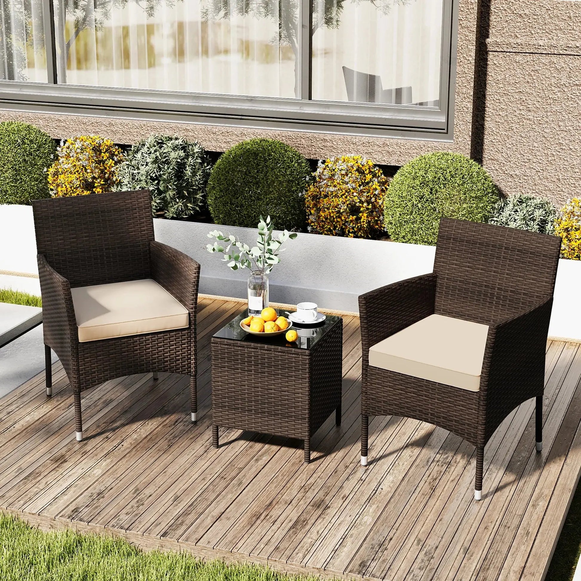Stylish 3-Piece Outdoor Conversation Set with Cushioned Seats & Durable Tempered Glass Tabletop