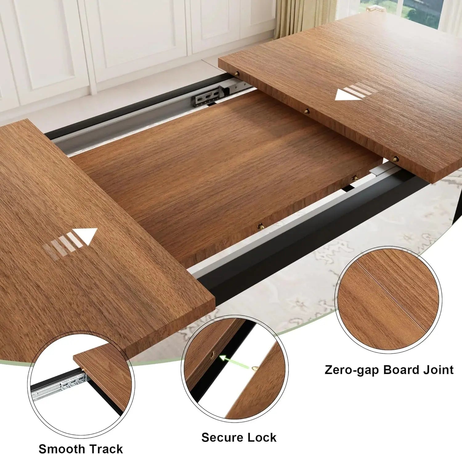 Dining Table Set, 7-Piece Extendable Table from 63" Large Extendable Kitchen Table Set for 4-8 People, Mid-Century Dining Room Table with 6 Square Stools,Walnut