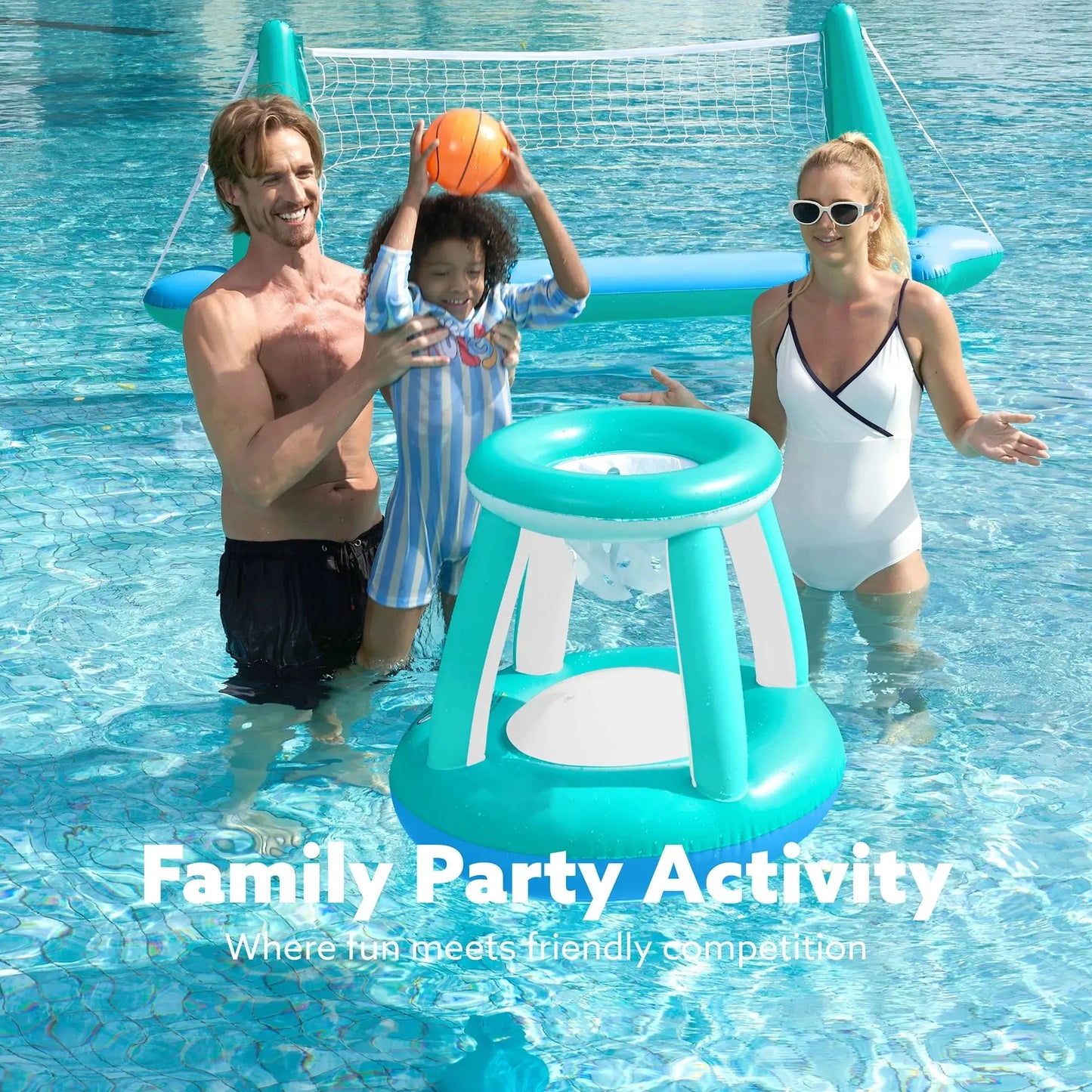 Inflatable Pool Float Game Set with Inflatable Volleyball Net & Basketball Hoops, Summer Pool Game for Kids and Adults