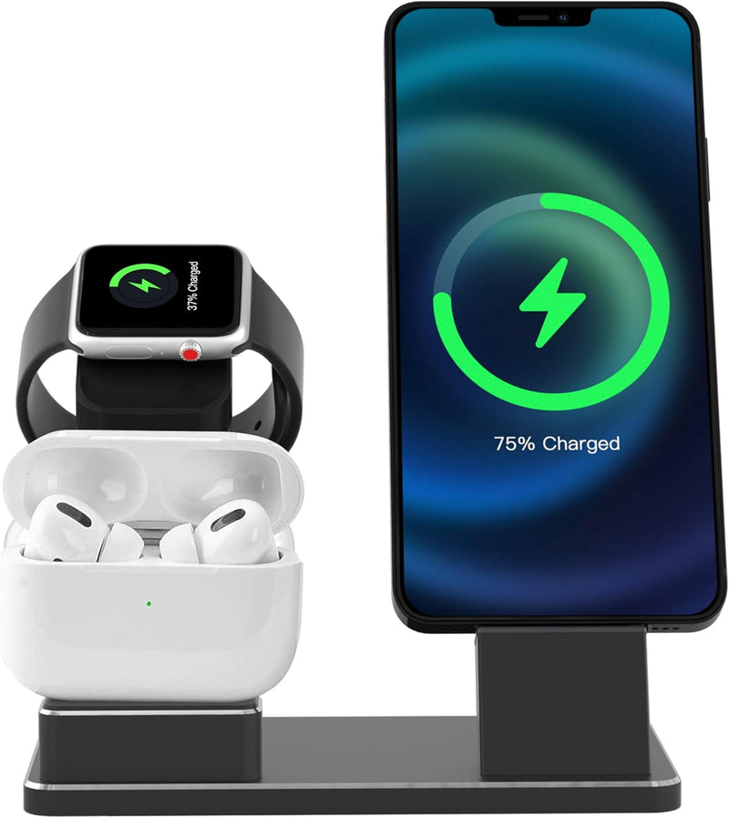Aluminum Alloy 3-in-1 Charging Stand for Apple Watch Series 2-7, AirPods Pro, and iPhone 6-13 (Gray)