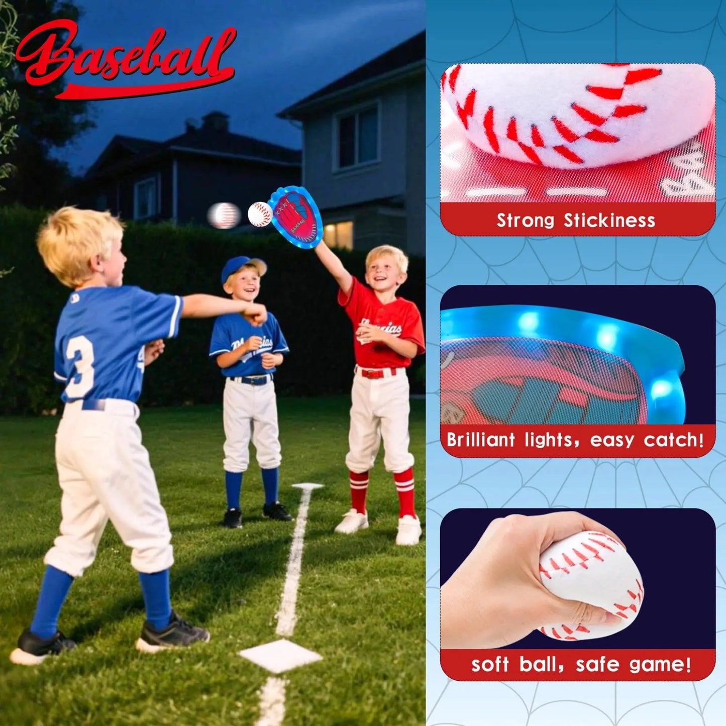 Toss and Catch Velcro Ball Set - LED Baseball Training Glove & Catch Ball Toys for Kids, Toddler Baseball Glove Set with 5 Balls, Outdoor Toys for Kids Ages 3-8