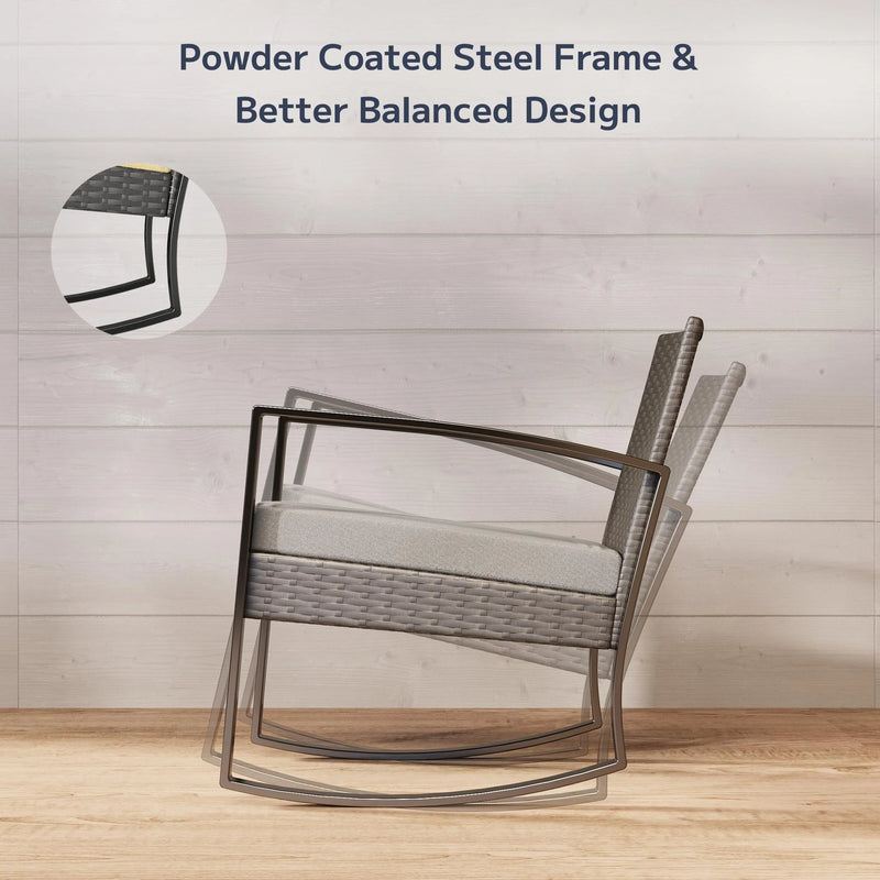 3-Piece Outdoor Rocking Chairs, Patio Furniture with Thickened Cushions and Coffee Table for Garden, Balcony, Porch, Backyard, Gray