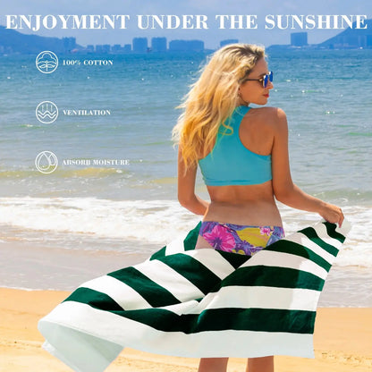 2-Pack Cotton Oversized 35"X70" Cabana Stripe Beach Towels, Super Absorbent Soft Plush Pool Towel, Bath Towel (Forest Green)