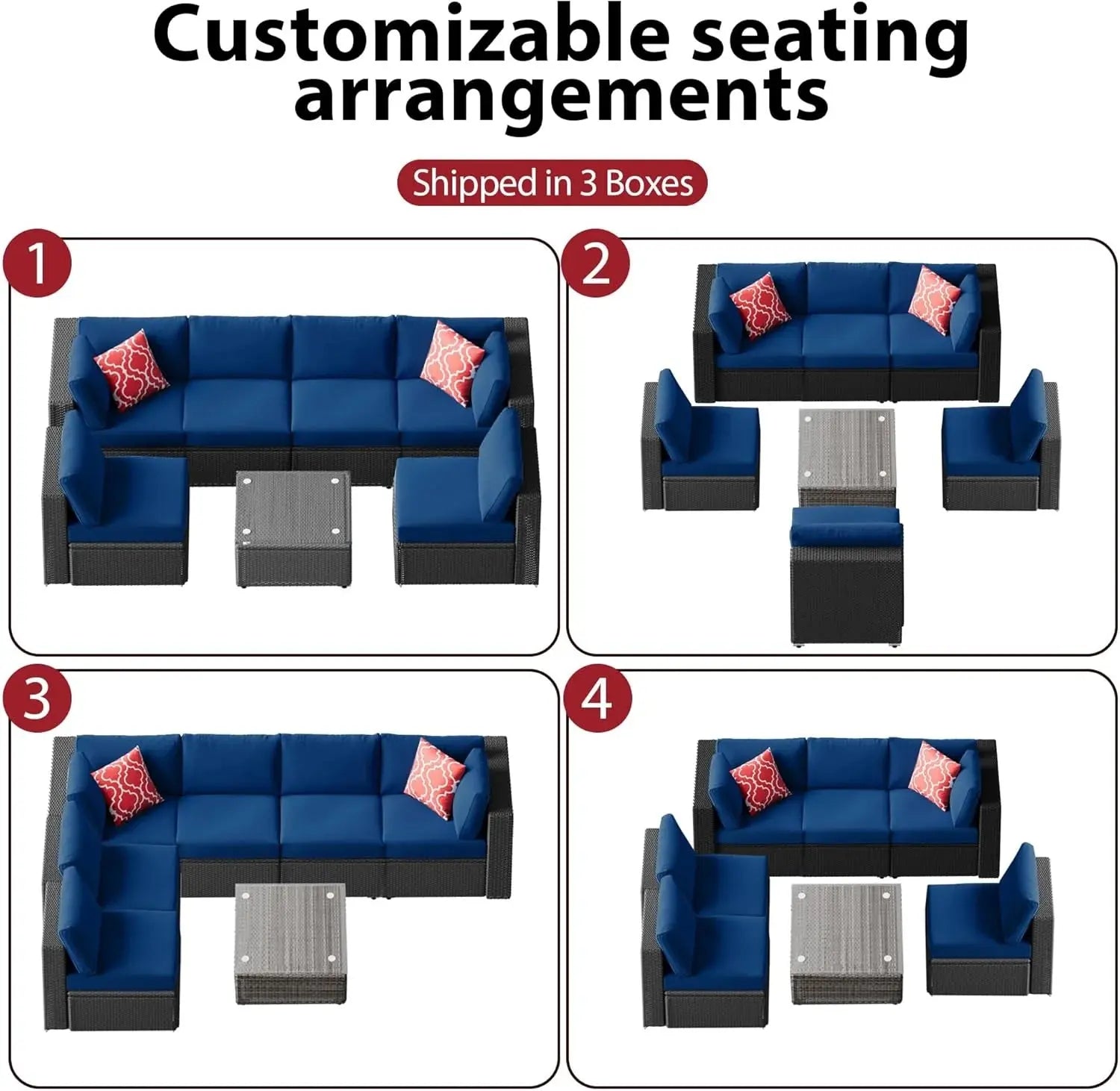 7 Piece Patio Furniture Sets Outdoor Sectional PE Rattan Outdoor Furniture Patio Conversation Set with Cushions and Glass Coffee Table, for Balcony Lawn and Garden, Gray