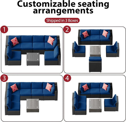 7 Piece Patio Furniture Sets Outdoor Sectional PE Rattan Outdoor Furniture Patio Conversation Set with Cushions and Glass Coffee Table, for Balcony Lawn and Garden, Gray