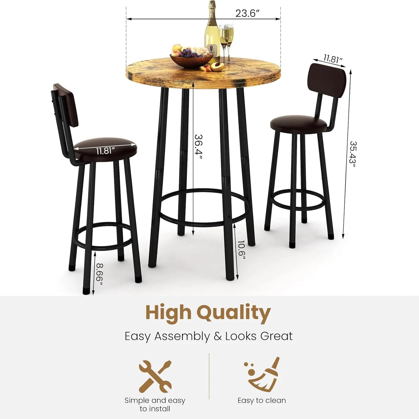 3 Piece Pub Dining Set, Modern Bar Table and Stools for 2 Kitchen Counter Height Wood Top Bistro Easy Assemble for Breakfast Nook Living Room Small Space Restaurant, Rustic Brown