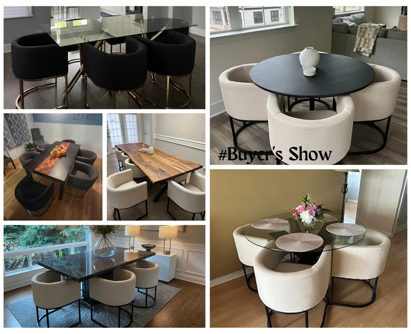 Modern Linen Dining Chair, Mid-Century Upholstered Barrel Kitchen Chairs Fabric Side Chair with Metal Legs and Curved Back for Living Room Dining Room Bedroom, Charcoal