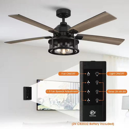 52 In. Indoor Industrial Mesh Metal Reversible Blades Black Ceiling Fan with Light Kit and Remote Control