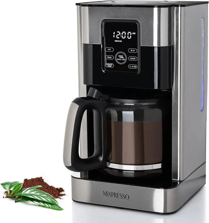 12-Cup Programmable Drip Coffee Maker with LCD Touch Display, Borosilicate Glass Carafe, Anti-Drip System, and Stainless Steel Finish