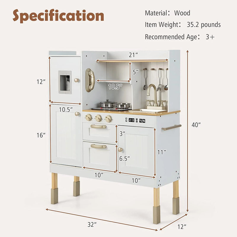 Kid Kitchen Playset, Toddler Wooden Pretend Cooking Set with Realistic Light & Sound, Stove, Sink, Microwave, Storage Cabinet,Pretend Play Kitchen Toy Set for Children Boys Girls