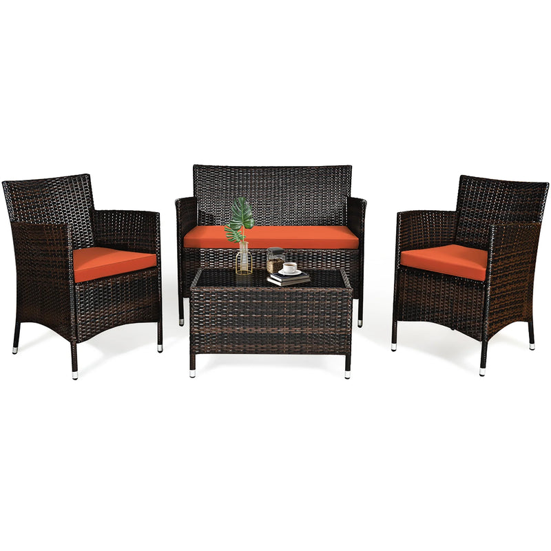 4PCS Patio Rattan Conversation Furniture Set Outdoor W/ Orange Cushion