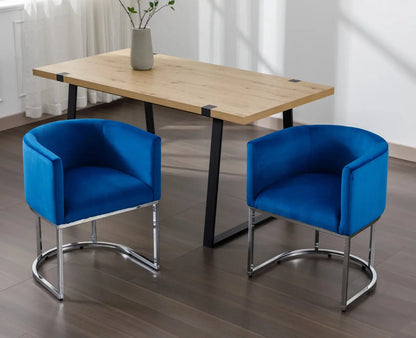 Modern Velvet Dining Chair, Mid-Century Upholstered Barrel Kitchen Chairs Fabric Side Chair with Metal Legs and Curved Back for Living Room Dining Room Bedroom, Blue
