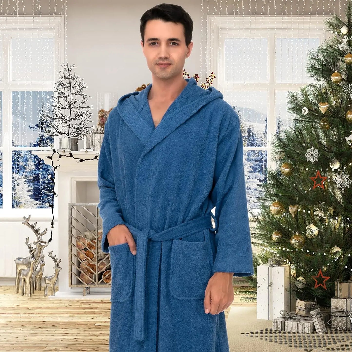 Mens Hooded Robe 100% Cotton Terry Cloth Towel Bathrobe Soft Shower Bath Robes for Men