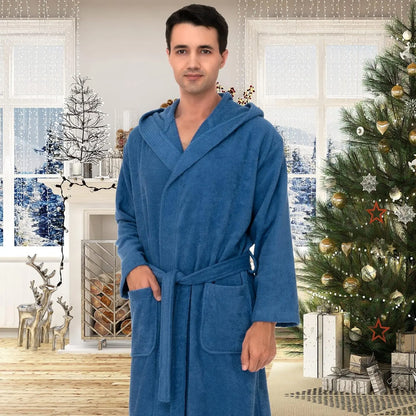 Mens Hooded Robe 100% Cotton Terry Cloth Towel Bathrobe Soft Shower Bath Robes for Men