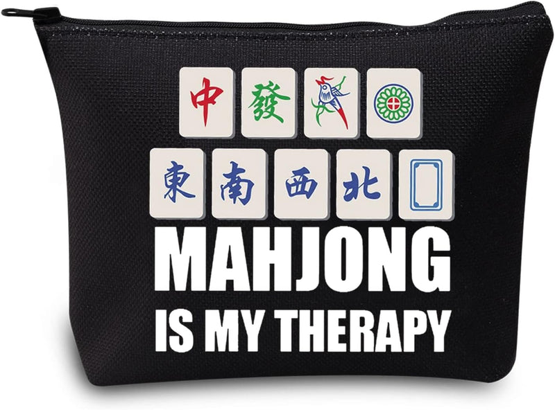 Funny Mahjong Cosmetic Make up Bag Mahjong Lover Gift Mahjong Is My Therapy Makeup Zipper Pouch Bag for Friend Family (Mahjong Black)