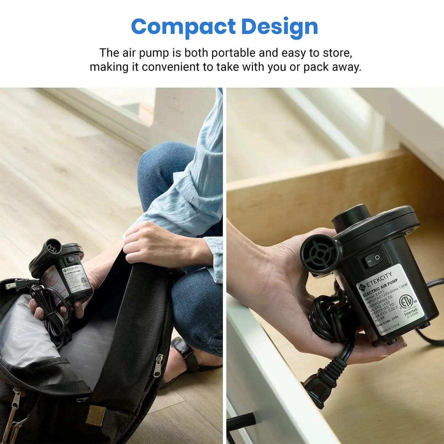 Electric Air Pump Air Mattress Portable Pump for Inflatables Couch, Pool Floats, Blow up Pool Raft Bed Boat Toy, Quick-Fill AC Inflator Deflator with 3 Nozzles, One Size, Black