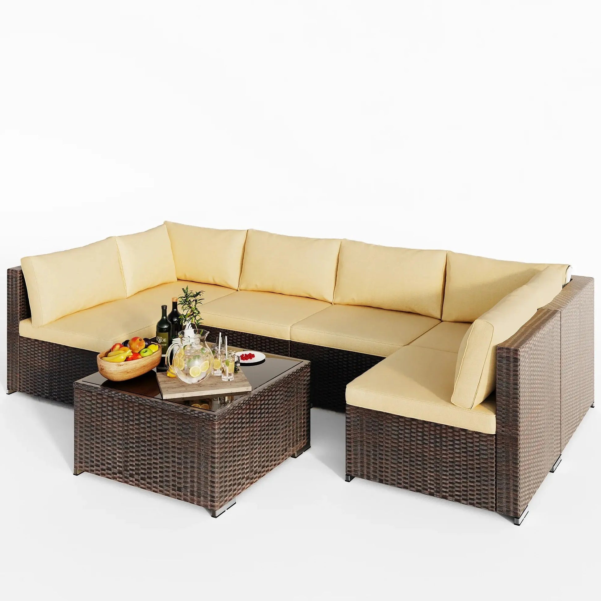 Patio Furniture Set 7-Piece Outdoor Seating Sofa Set with Glass Coffee Table, Beige