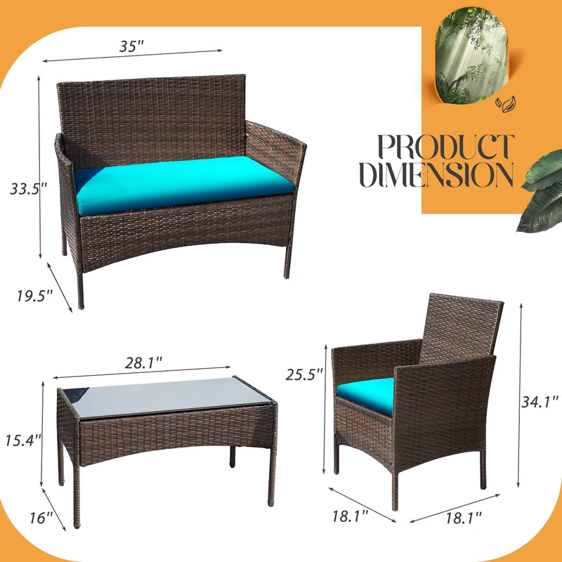4 Piece Outdoor Patio Furniture PE Rattan Wicker Table and Chairs Set with Cushions, Blue