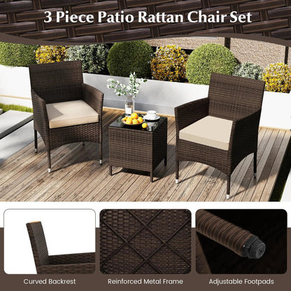 Stylish 3-Piece Outdoor Conversation Set with Cushioned Seats & Durable Tempered Glass Tabletop